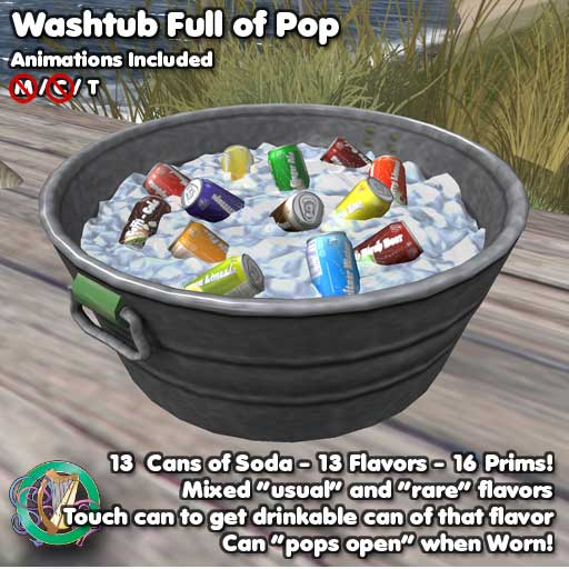 Sculpted galvanized metal washtub, filled with ice and colorful cans of pop