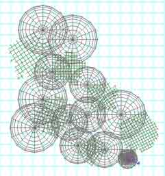 The same scene we've been using, in Wireframe Top view, with many large spheres - as big as the mountains - all over it.