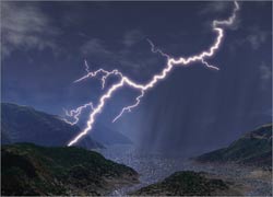 The Seven Mountains scene, with dark skies, heavy rain, and lighting striking one of the mountains