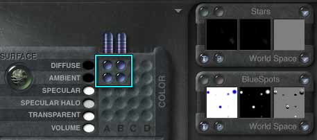 The Material Lab, with the dots in the A and B columns for Diffuse and Ambient highlighted, and 2 Texture Components showing