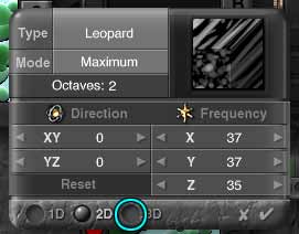 The Edit Noise palette, from the DTE. The 3D button, on the bottom middle, is circled.