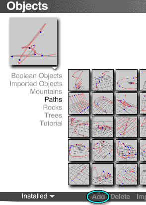 Object Preset dialog, open to Paths Presets, with the Butterfly path in the Preview window, and Add, at the bottom, circled