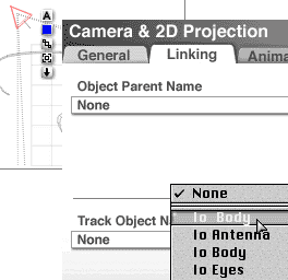 Camera selected, with Tracking set to Io Body on the Linking tab of Object Attributes