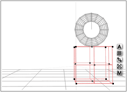 Cube and torus, both square to the ground, torus upright so we can see through the hole in the middle, and touching the cube