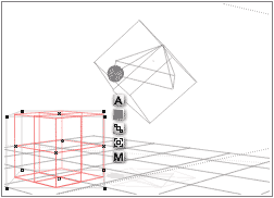 Pyramid with the wide side down, sphere on the bottom left, cube on the left