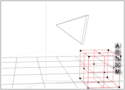 Cube to the lower right, the narrow end of the pyramid base still facing it