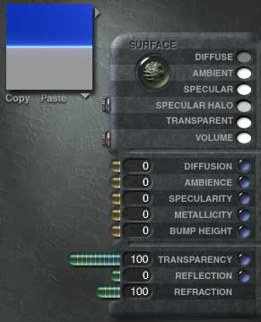 The Material lab, showing a completely clear material. Zero in all values, 100 transparency, 100 Refraction