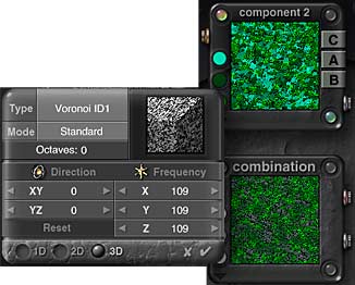 DTE; Noise Editor, Component 2 palette, and Combination all showing