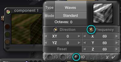 DTE Noise Editor and Comp 1; 3D noise. Frequency button circled