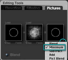 Terrain Editor, Pictures Tab; Ring in Left thumb, Ring Wall Mountain in center, Ring without mountain on right, Minimum chosen from menu