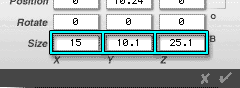 Object Attributes;Size line - X 15, Y 10.1, Z 25.1