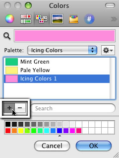 Add colors by using the + button at the bottom of the window, or dragging from the small swatches into the list.