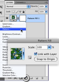 Add Pattern Layers from the Fill Adjustment Layer icon, at the bottom of the Layer Panel