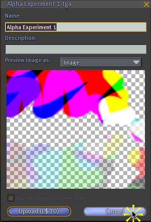 Click the Cancel button (lower right) to close the window without uploading the texture (or spending 10 Linden Dollars)